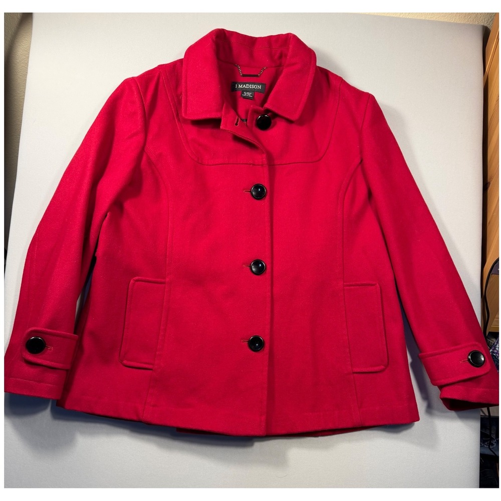 1 Madison Red Wool Blend Pea Coat Womens XL Button Front Jacket